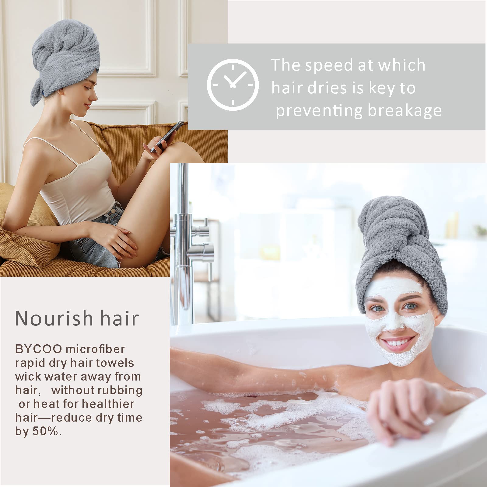 BYCOO Large Microfiber Hair Towel Wrap for Women, Anti Frizz Hair Drying Towel with Elastic Strap, Fast Dry | Super Absorbent |